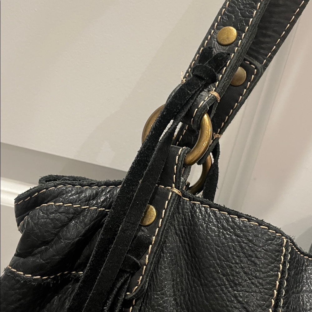 Lucky Brand black leather fringe hobo tooled boho bag vintage inspired - Picture 3 of 11